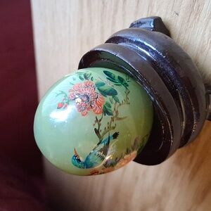 Hand-Painted Floral and Bird Stone Egg With Wood Base